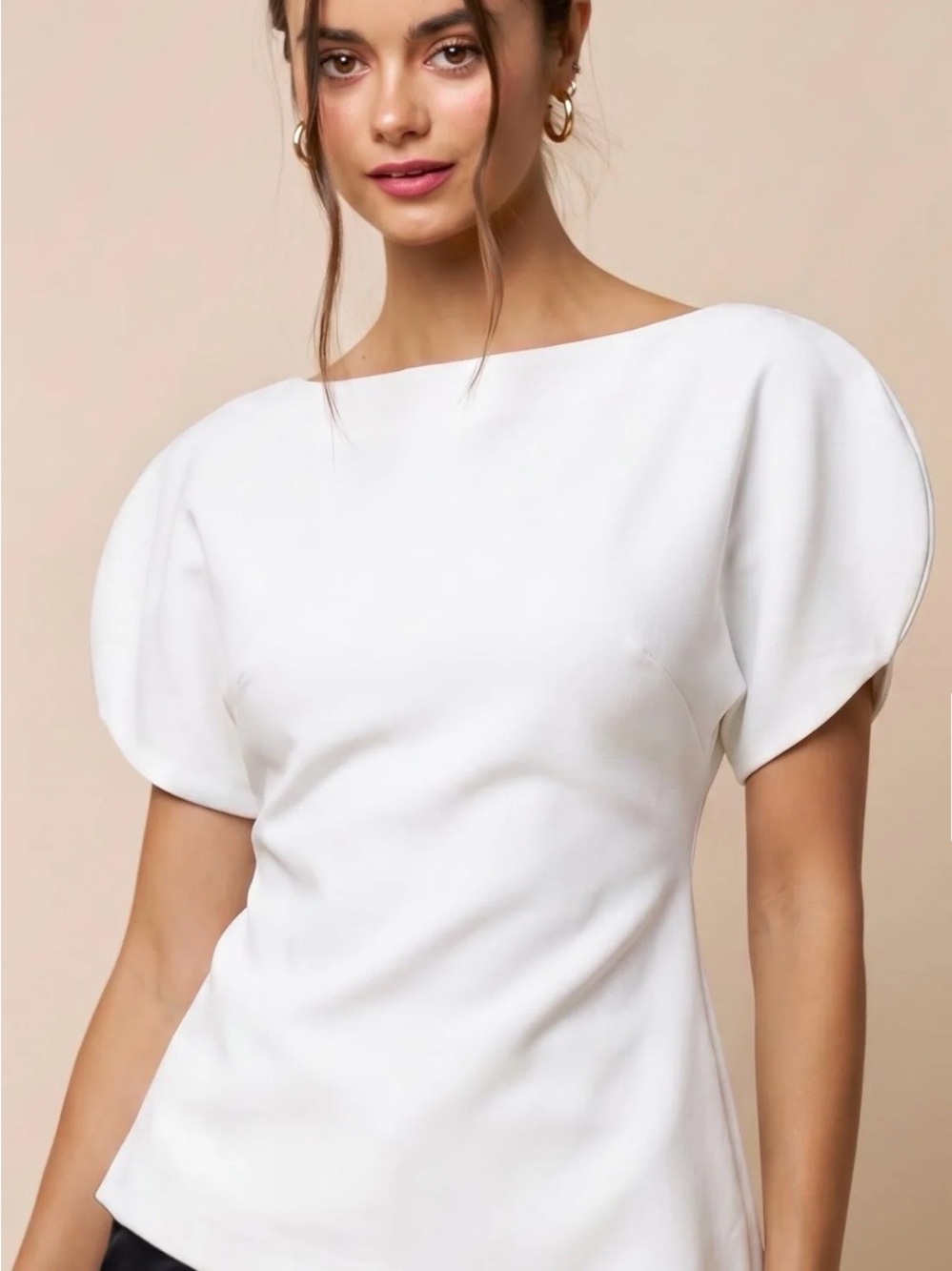 Women's White Boatneck Puff Sleeve Blouse